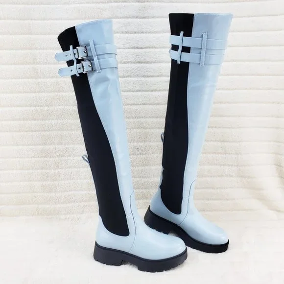 Techno Baby Blue Lycra Stretch Lug Sole Thigh High Combat Rider Brand New - Picture 4 of 16